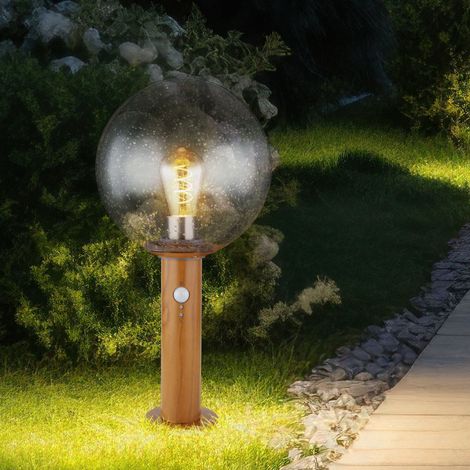 LED Sockellampe mit Bewegungsmelder Sockeleuchte Außenstehleuchte Gartenlampe Bewegungsmelder, Alu Holzoptik Glaskugel, Blasen-Optik, 7W 806lm warmweiß, DxH 25x50 cm