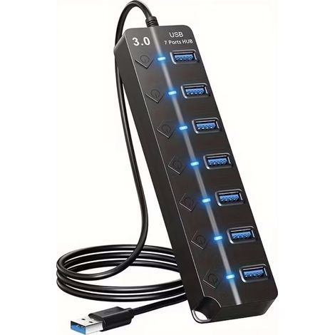 Hub USB 3.0 avec 7 ports, bouton marche/arrêt LED et câble de prolongation pour ordinateurs (1/5)