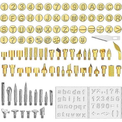Ensemble de 105 pointes pour pyrogravure, comprenant lettres, chiffres, symboles et gabarits, compatibles avec les pyrograveurs QV DIY. (1/4)