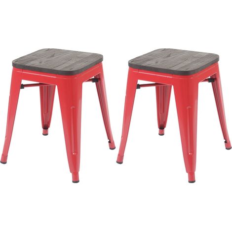 Set 2x sgabelli poggiapiedi bistrot design industriale HHG-397 legno metallo verniciato rosso (1/5)