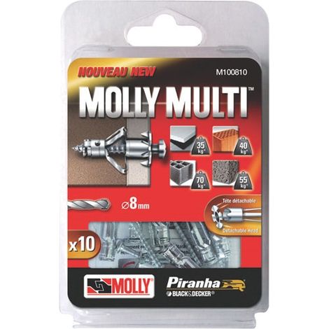 Chevilles métal multi 4x37 – Lot de 10 vis agglomérées – Pour béton, brique, plaque de plâtre – Charge jusqu'à 70 kg – Molly