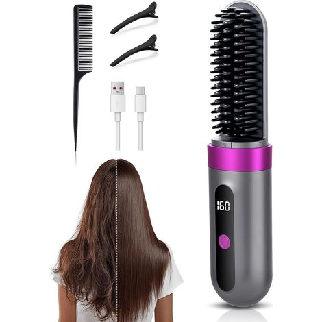 Brosse à lisser sans fil avec batterie, brosse lissante ionique 160–200 °C, 3 niveaux de température, écran LED, brosse à lisser en céramique USB-C, portable pour voyage et coiffage (1/5)