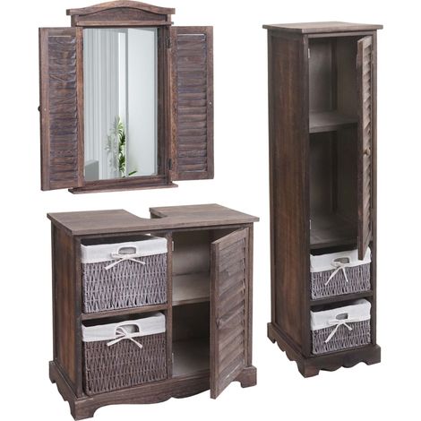 Ensemble de meuble de salle de bain meuble lavabo miroir mural et armoire de rangement en bois marron vieilli 040006704 (1/5)