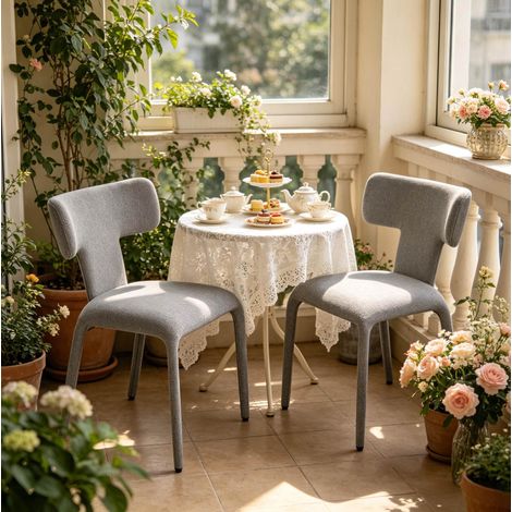 Set de 2 sillas de comedor en lino gris con respaldo curvo y estructura metálica OKWISH (1/5)