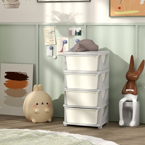 Cajas de almacenamiento infantiles, 4 cajones grandes, bordes redondeados, plástico, 37x37x76 cm, blanco crema. (1/5)