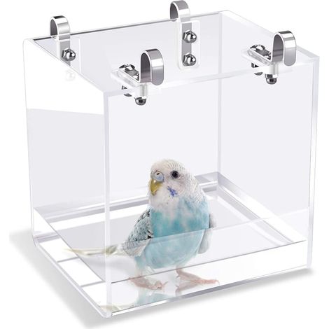 Bain suspendu cubique pour oiseaux, baignoire pour oiseaux, boîte de bain, accessoires de cage, petits oiseaux, canaris, alouettes, perroquets, cacatoès, inséparables (16x16x16cm, transparent)