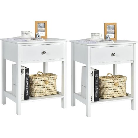 COSTWAY Set de 2 Mesita de Noche con Cajón y Repisa, Mesita con 2 Niveles, Mesa en Estilo Simple y Moderno, Complemento de Decoración Multifuncional para Salón Dormitorio Pasillo, Fácil de Montar (Bla (1/5)