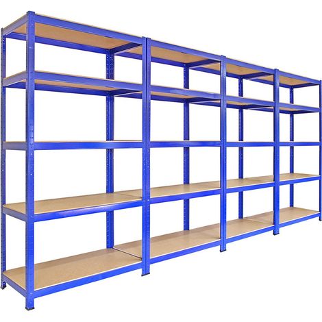 4 Estanterías de almacenamiento azules con conectores de bahía y mazo gratuitos  90x45x180cm  Capacidad de peso: 280kg x estante   Acero  Fácil de montar sin necesidad de tornillos (1/5)