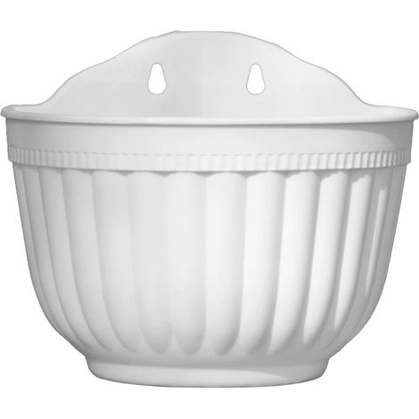 Due vasi da fiori da interno/esterno a parete con fori di drenaggio, robusti e resistenti, adatti per arredare balconi e terrazze, di colore bianco. (1/5)