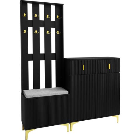 Conjunto de recibidor con zapatero, banco y perchero con ganchos dorados, negro (1/5)