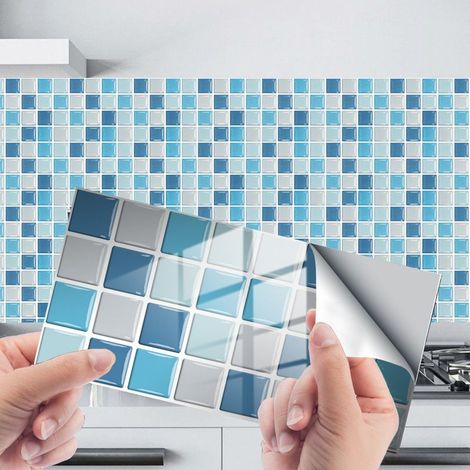 24 Pièces Petites Grilles Autocollantes 10x20cm Bleu, Cuisine Salle de Bain Stickers Bibliothèque, PVC Stickers, Vintage Wall Stickers Waterproof Removable (1/5)
