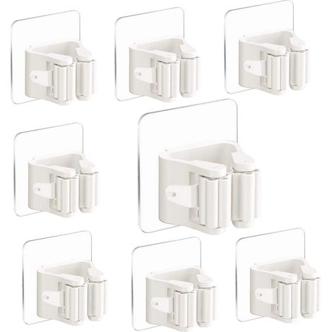 Wall Mounted Broom Holder Self Adhesive Wall Mounted Mop Holder 8pcs No Drilling Broom Clip Mounting Clip for Kitchen Bathroom Garden (White) (1/5)