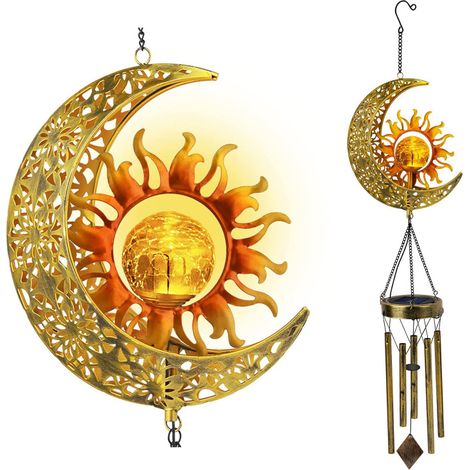 Carillon solaire d'extérieur Soleil et Lune, boule en verre craquelé, étanche, en liquidation, couleur foncée, décoration de jardin (1/5)