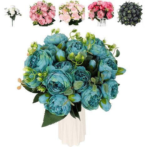 Vente flash de bouquets de roses et pivoines artificielles Bouquets de roses et pivoines bleues artificielles, fleurs artificielles en promotion (1/4)