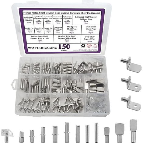 Kit de 150 chevilles d'étagère 7 Styles Chevilles d'étagère Chevilles de support d'étagère Supports d'étagère pour armoire Chevilles pour étagères étagère à livres placard métal nickelé (1/5)