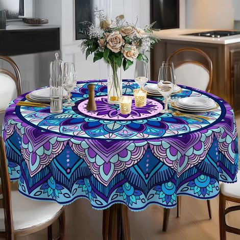Nappe de table ronde - Lavable - Style bohème - Mandala - Bleu - Motif floral - En polyester - Résistant aux intempéries - Pour cuisine, table de jardin, table à manger, fête (1/5)