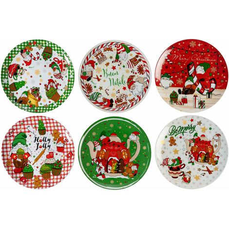 Piatti tondi a tema natalizio in porcellana con decori gnometti, set da 6 pezzi, Ø 20 cm