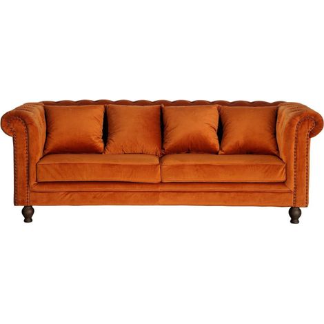 Canapé 3 Places en Velours "Chesterfield" 217cm Orange (1/3)