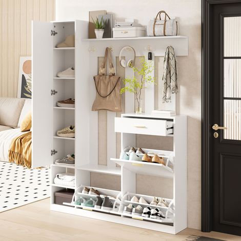 Perchero de entrada blanco de 133x23,5x180 cm con espejo, 3 puertas para zapatos, cajón y ganchos de madera PB (1/5)