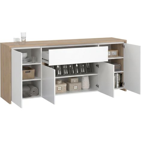 Dmora - Aparador Charlize, Bufé de salón, Aparador de salón, Despensa de cocina, 197x48 h84 cm, Roble y Blanco brillante