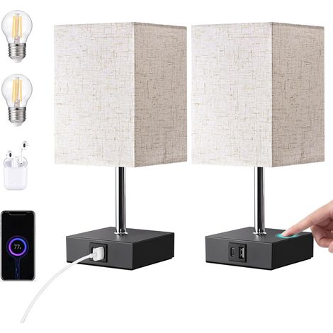 Lot de 2 Lampe de Chevet Tactile, Ports USB-A et USB-C, Ampoule LED E27 Incluse, Abat-jour en Lin, Pour Chambre et Salon