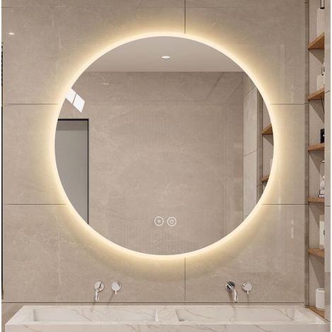 Miroir LED rond mural 80x80x3 cm en verre et métal argenté, anti-buée, salle de bain (1/5)