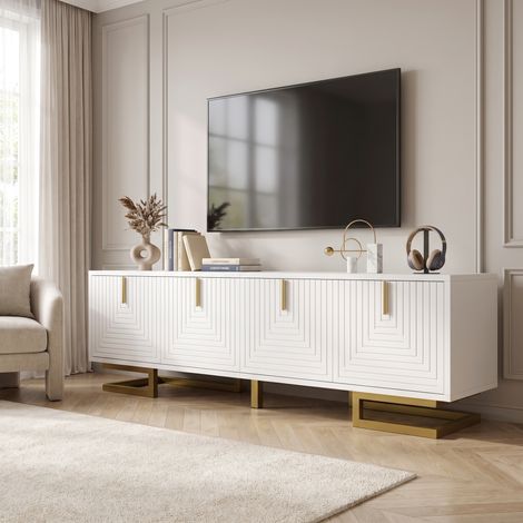 Meuble TV 160 cm avec 4 Portes et Rangement, Panneau de Particules, Style Moderne, Blanc et Or (1/5)