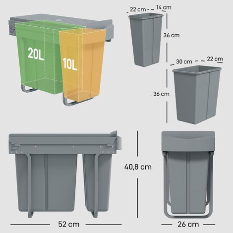 Poubelle sous évier avec 2 bacs de recyclage amovibles (20 L + 10 L) - Ouverture facile - Grise (1/5)