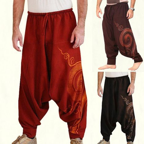 Herren-Yogahose im Boho-Stil, plissiert, Oversize, Haremshose - Größe L - Schwarz