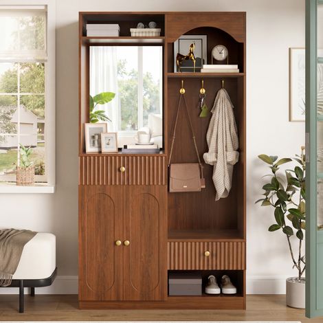 Ensemble de meubles d'entrée 100x35x180 cm avec miroir, banc, crochets et rangements, étagères réglables, MDF - noyer (1/5)