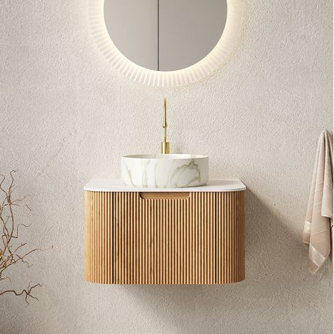 Meuble vasque suspendu moderne 61 cm avec vasque ronde en céramique, plan effet Carrara, 1 tiroir soft-close, bois naturel (1/5)