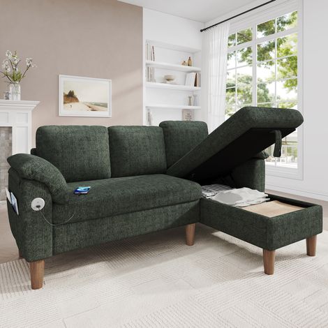 Reversibles L-Ecksofa mit Stauraum, USB/Type-C, 3-Sitzer, grüne Chenille HAVRYA (1/5)