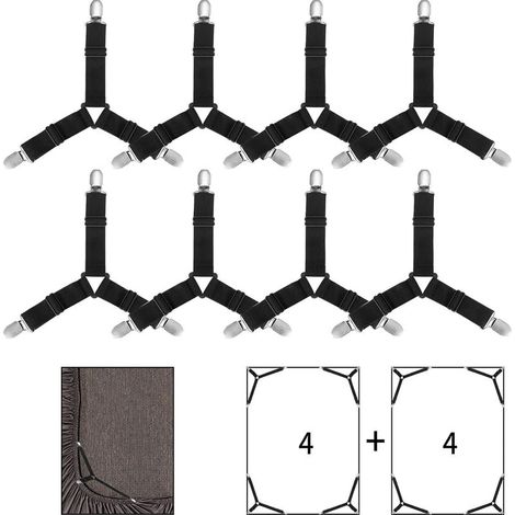 Lot de 8 sangles de fixation triangulaires réglables pour drap de lit, sangles élastiques pour housses de matelas, coussins de canapé (Noir) (1/5)