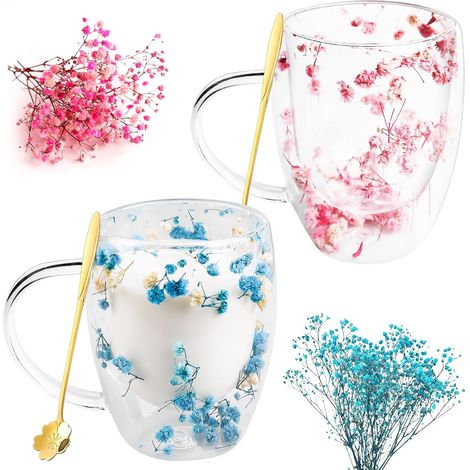 Lot de 2 verres à double paroi - 350 ml - Fleurs - Double couche - Tasse à café isolée en verre - Fleurs séchées - Double paroi - Pour cappuccino, thé, lait, bière (1/5)