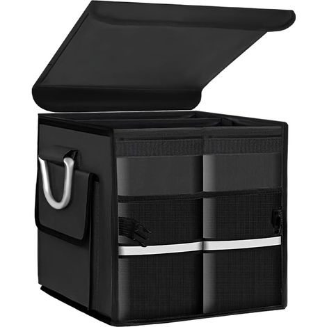 Organisateur de coffre de voiture Oxford étanche 28 L avec couvercle et poignée en aluminium - Bac de rangement pliable à 2 compartiments pour SUV, camionnette, berline - Noir (1/4)