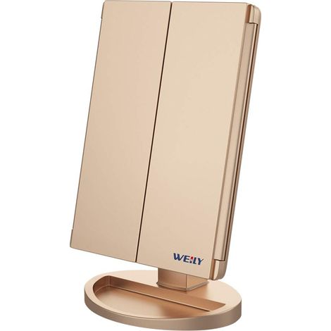 Miroir Maquillage, Miroir Grossissant Lumineux avec 1X/2X/3X, Miroir LED Maquillage Pliable avec Écran Tactile et Réglable à 180 Degrés, Support USB et Batterie (Or) (1/5)