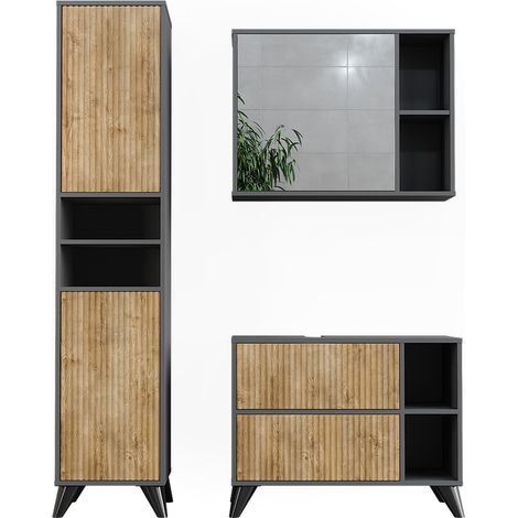 Set di mobili da bagno Leano, Antracite/quercia di montagna, 80 cm, set 3, Vicco
