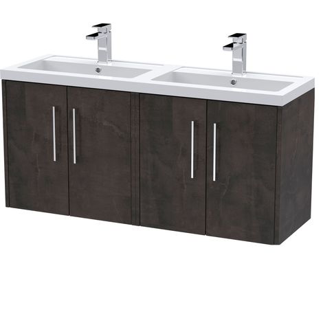 Winshill Contemporary 4 Door Wall Hung Vanity Unit with Double Basin, Metallic Slate, 1200mm