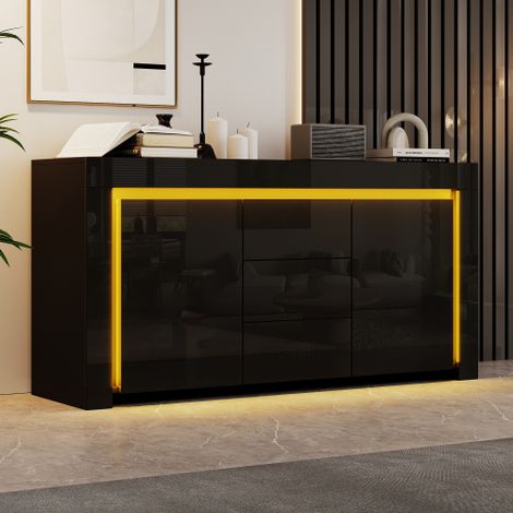 Mobile da soggiorno 1404065 cm, cassettiera moderna con 3 cassetti, 2 ante, larghezza 140 cm, credenza lucida con striscia LED, unità contenitore, adatta per corridoi, soggiorni, uffici, nero (1/5)