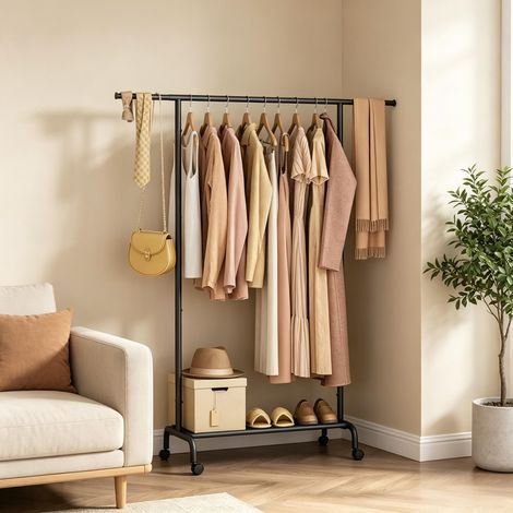 Portant-vêtements roulant avec roulettes, penderie ouverte, support à vêtements seul avec barre de suspension (1/4)