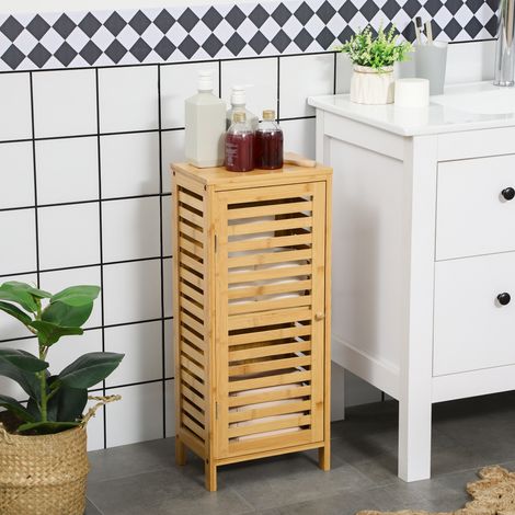 Meuble de salle de bain en bambou avec porte à lamelles, étagère réglable, 2 niveaux de rangement, format compact 30 x 19,9 x 70 cm, pour WC  CHICFURN (1/5)
