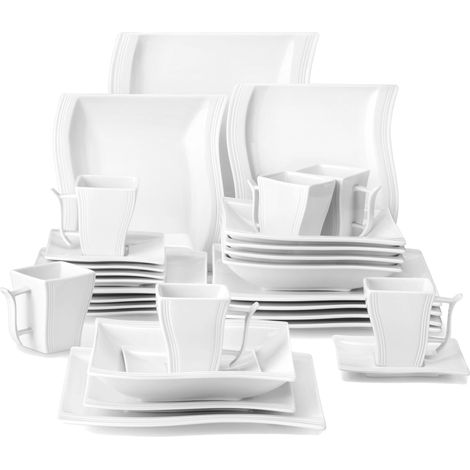 Ensemble de vaisselle, service pour 6, porcelaine haute température, compatible lave-vaisselle, design contemporain, forme carrée (1/5)