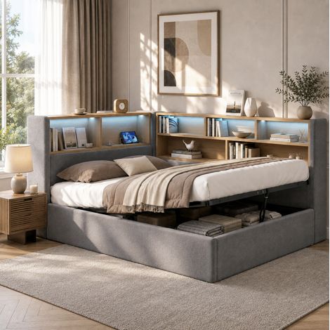 Letto contenitore per bambini 140x200 cm, con vano idraulico, LED e USB-C, in velluto grigio, senza materasso (1/5)