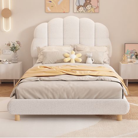 Letto bambini 90x200 cm con testiera imbottita in peluche, rete a doghe, senza materasso, bianco (1/5)