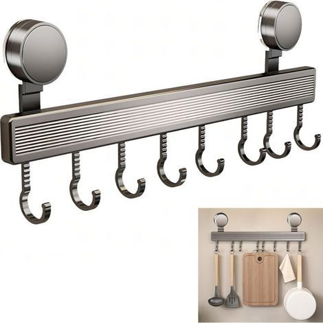 No-Drill Utensil Bar, 8 Hooks, 40cm Wall-Mounted Utensil Holder, Removable Suction Cup for Kitchen and Bathroom, Space Aluminum, Scratch-Resistant ABS, Multi-Surface, Tile, Glass, Metal (1/4)