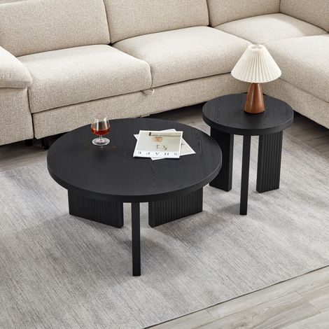 Mesa auxiliar redonda moderna, diseño de tres patas, estructura con ranuras verticales, MDF negro (1/5)