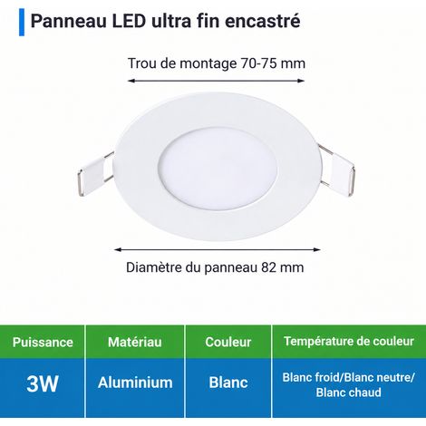 Spot LED encastrable rond extra plat 3W blanc 6000K aluminium 3w 82mm 70-75mm 6000k 100 g – Livraison gratuite