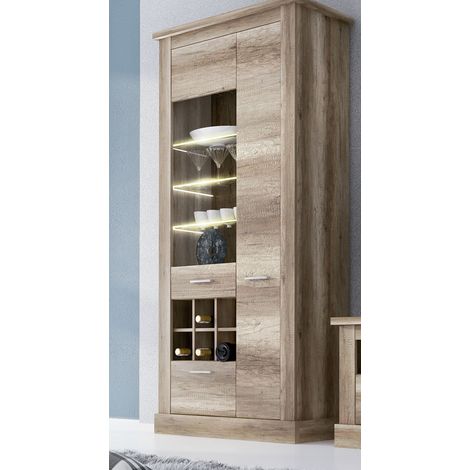 Pegane – Vitrine vaisselier avec LED – Chêne vieilli – Longueur 96 cm, profondeur 41,8 cm, hauteur 201,6 cm – Panneau de particule mélaminé (1/2)