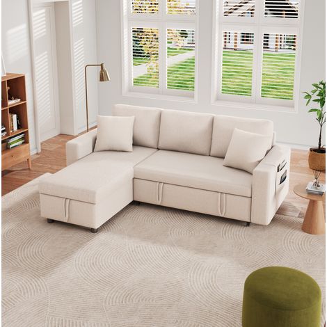 Sofá esquinero convertible en cama con almacenamiento, chaise longue reversible, beige, OKWISH (1/5)