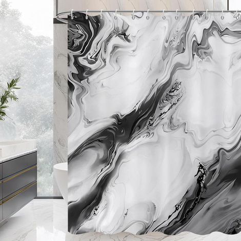 Rideau de douche 180x180 cm motif marbre effet encre de Chine dégradé art abstrait moderne tissu imperméable lavable en machine avec crochets inclus noir (1/5)